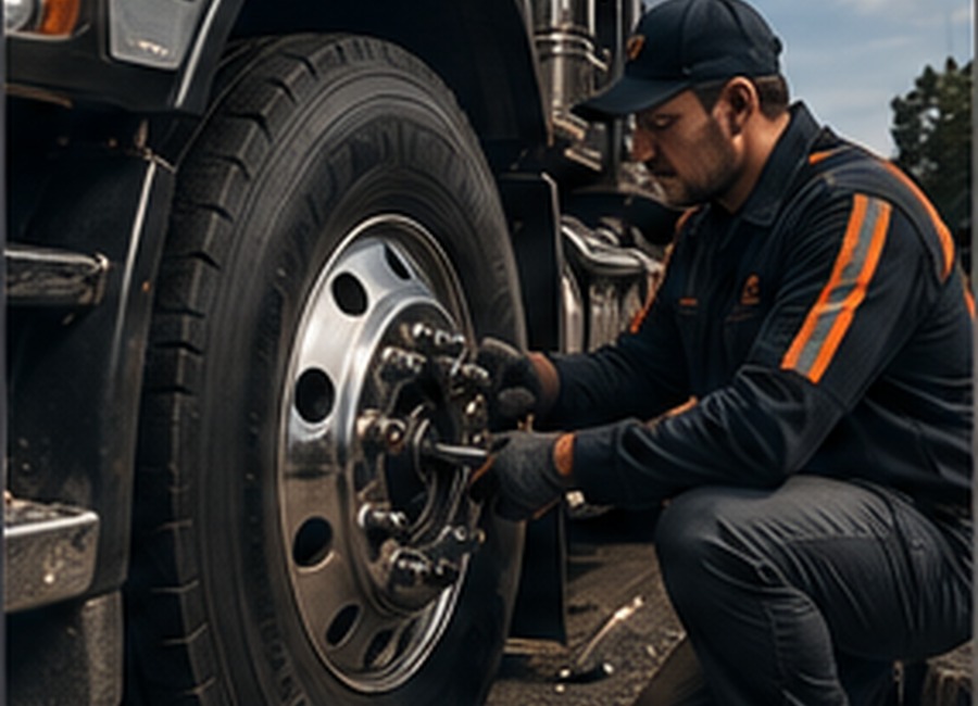 Roadside technician repairing a commercial truck tire