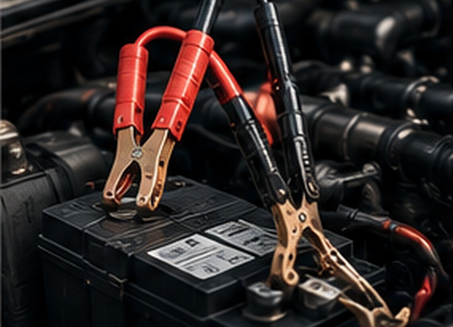 Heavy-duty battery jump-start cables connected to a truck battery